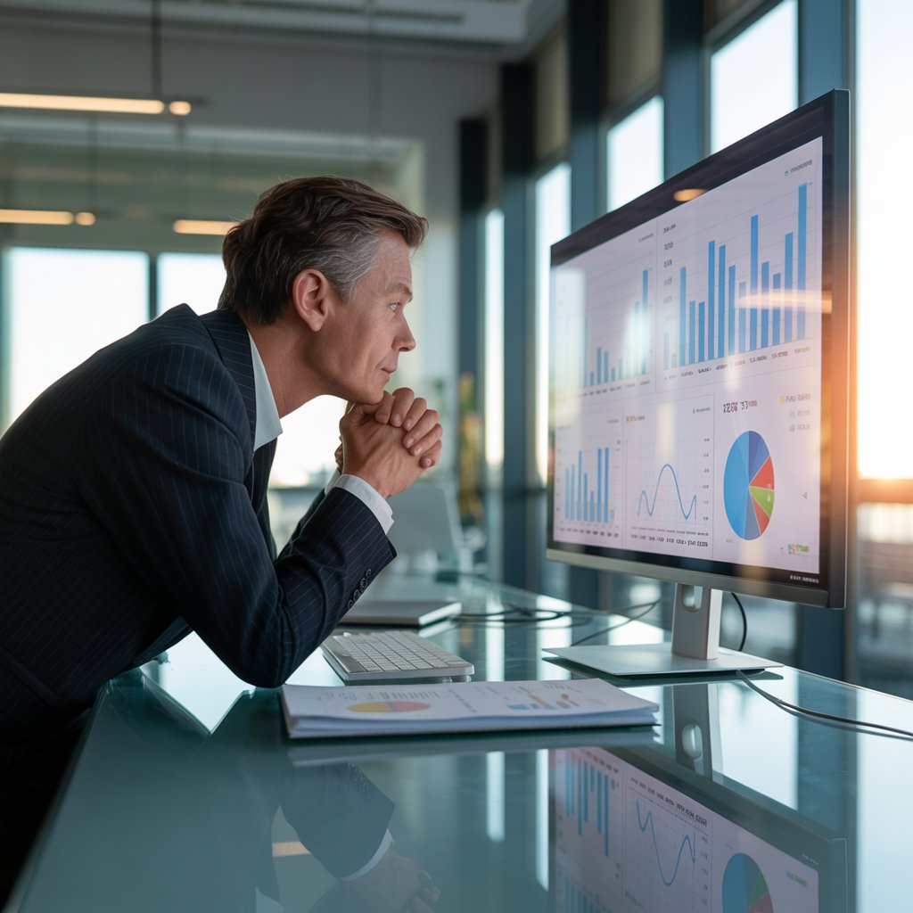 a photograph of a-confident executive-looking at dealer management system dashboard