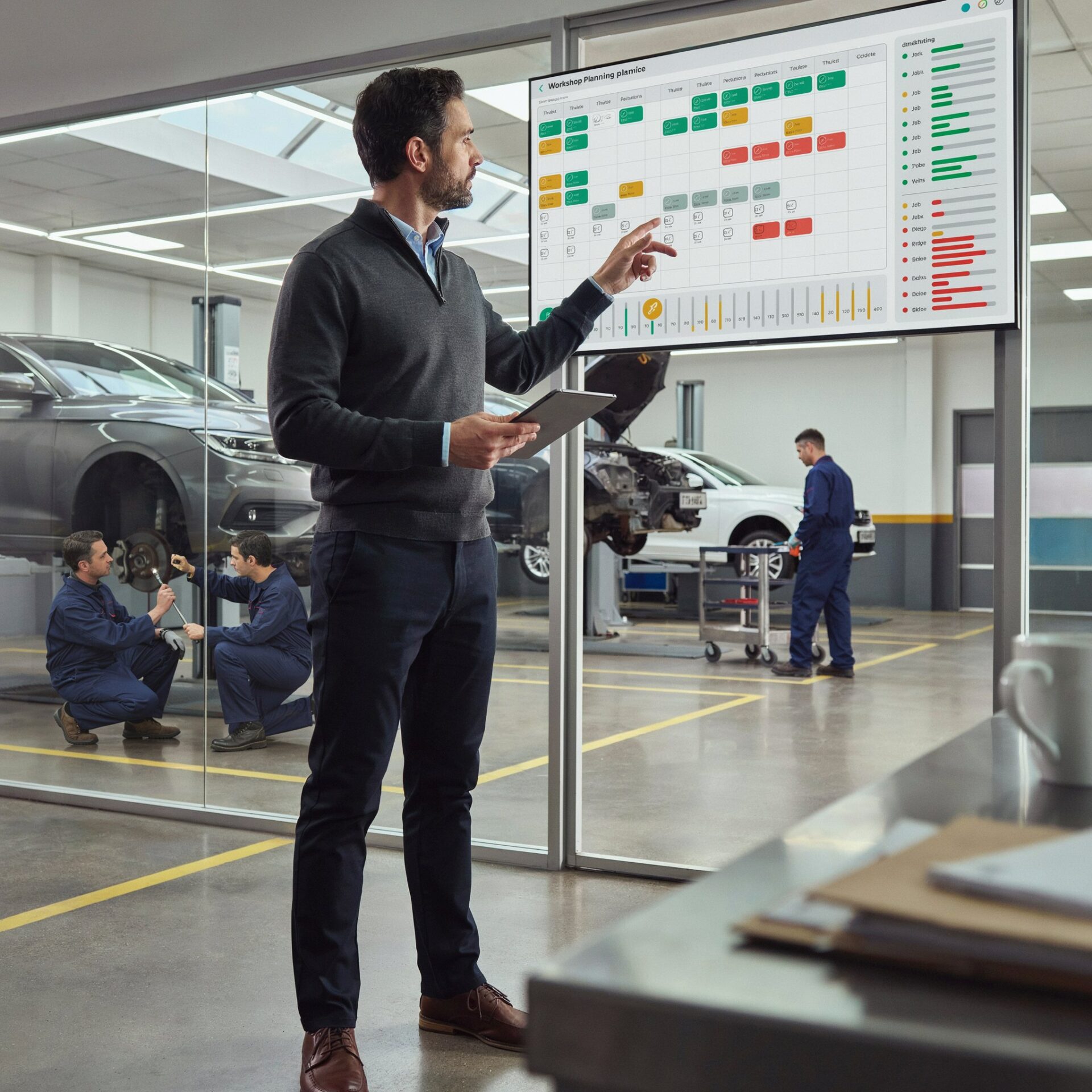 Workshop Planning Optimization: How Top Dealerships Schedule Work 1 Service manager reviewing digital workshop scheduling dashboard in a modern automotive dealership service department with technicians working in multiple service bays.