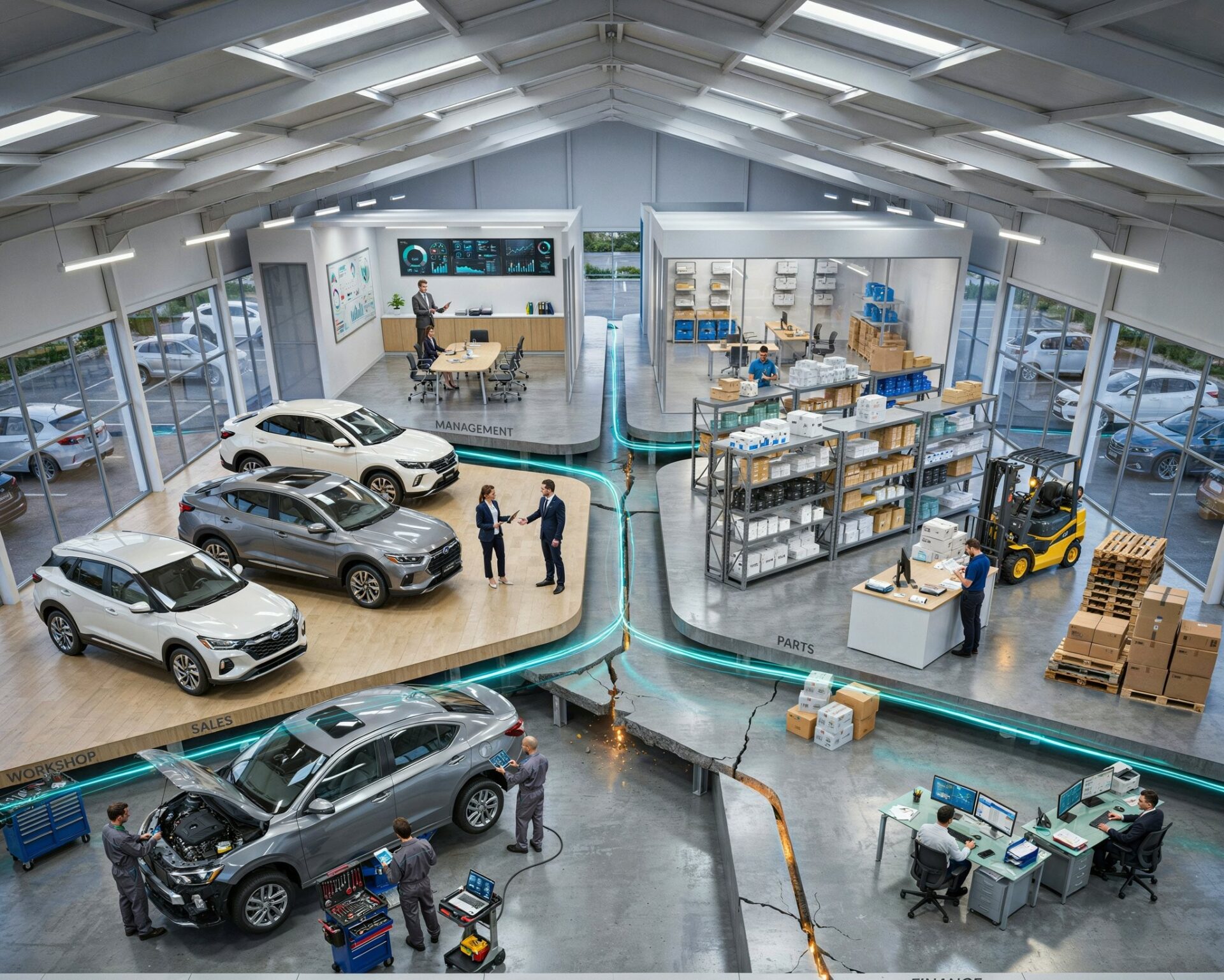 A modern automotive dealership shown from a bird's-eye cutaway perspective, revealing every department inside the business
